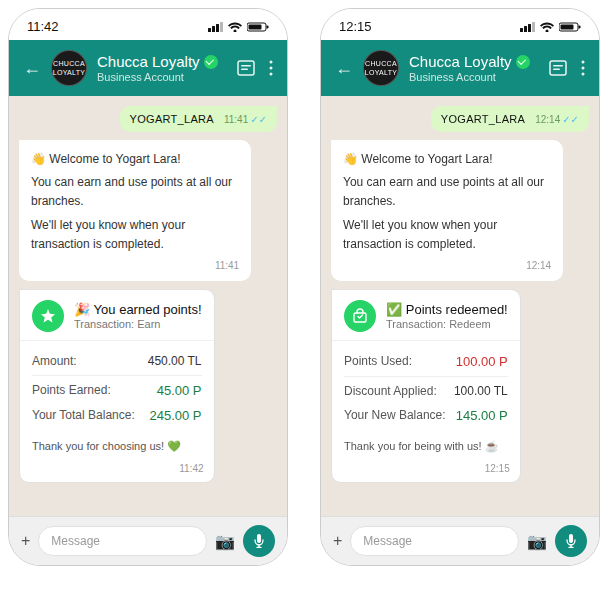 Sample Chucca loyalty WhatsApp earn and redeem screens