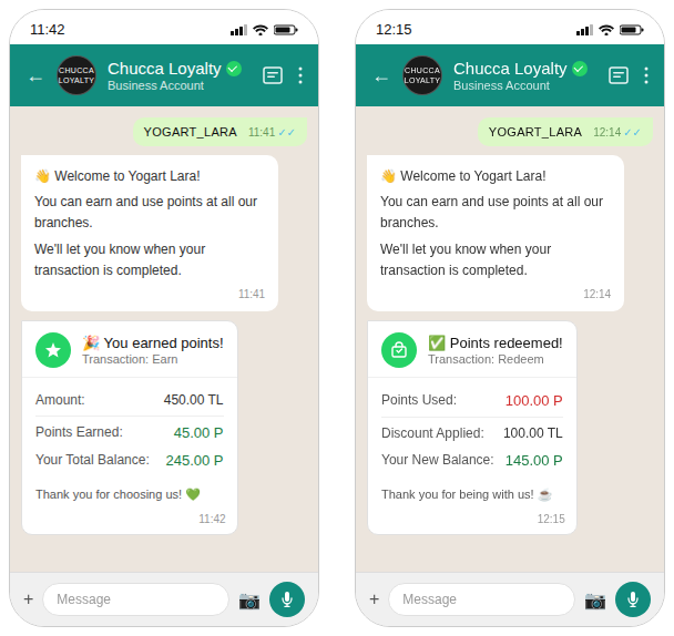 Chucca WhatsApp loyalty earn and redeem screens