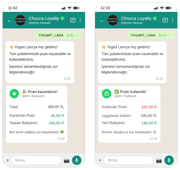 Chucca WhatsApp sadakat puan kazanma ve kullanma ekranları